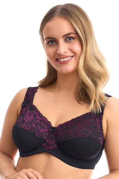 Plaisir Beate Full Cup Bra Crystal Black & Merlot Underwired, non padded, stretch lace full cup bra. 80-110 D-H 619431-32/MRL