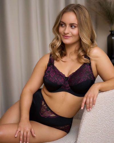 Plaisir Beate Full Cup Bra Crystal Black & Merlot Underwired, non padded, stretch lace full cup bra. 80-110 D-H 619431-32/MRL