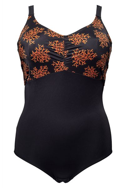 Plaisir Coral Swimsuit Black and Orange Swimsuit with built-in underwired cups 42-56, C-H T0013-COR
