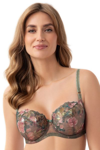 Gorsenia Delaila UW Soft Bra Green Floral Underwired, non-padded mesh bra with embroidery. 70-100, D-M K939-ZIE