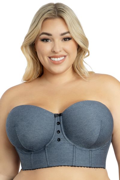 Parfait Lingerie Dolly Longline Strapless Bustier Dark Blue Denim Underwired, fully boned longline strapless bustier bra. M-2XL, S+-3XL+ (D-L cups) P50118-DBD