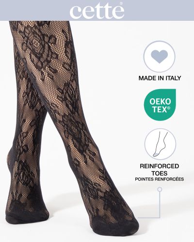 Cette Eden Rose Fishnet Tights - Black Rose fishnet tights with elasticated waist. S/M - 2XL 443-902/BLK