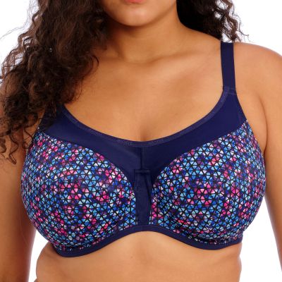 Elomi Energise UW NP Sports Bra Navy Geo Underwired non-padded sports bra 75-100, D-O EL8042-NAO