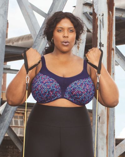 Elomi Energise UW NP Sports Bra Navy Geo Underwired non-padded sports bra 75-100, D-O EL8042-NAO
