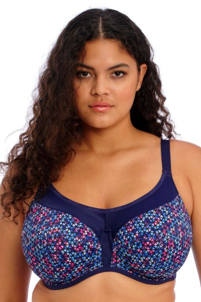 Elomi Energise UW NP Sports Bra Navy Geo Underwired non-padded sports bra 75-100, D-O EL8042-NAO