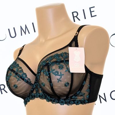 Gorsenia Ottavia UW Soft Side Support Bra Black & Petrol Underwired, non-padded soft side support bra with embroidery. 65-105, D-L K947