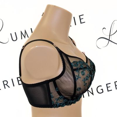 Gorsenia Ottavia UW Soft Side Support Bra Black & Petrol Underwired, non-padded soft side support bra with embroidery. 65-105, D-L K947