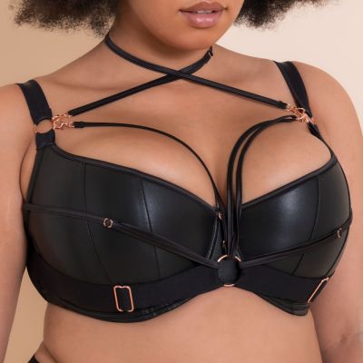 Scantilly by Curvy Kate Harnessed Padded Half Cup Bra Black Pleather Underwired, padded half cup bra with matte pleather cover. 65-85, E-L ST-008105-BLK