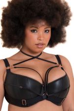 Harnessed Padded Half Cup Bra Black Pleather