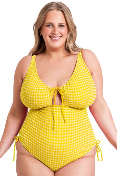 Curvy Kate Holiday Non Wired Swimsuit - Sunshine Non-wired, dual sized swimsuit with adjustable straps and ruching. 65-90 E/F - M/N CS036606-SUY