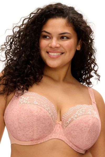 Elomi Lucie UW Stretch Plunge Bra - Pale Blush Underwired, full cup plunge bra with stretch lace. 70-100, D-O EL4490-PAU