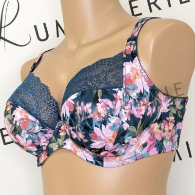 Elomi Lucie UW Stretch Plunge Bra Teal Floral Underwired, full cup plunge bra with stretch lace. 70-100, E-N EL4490-TOL