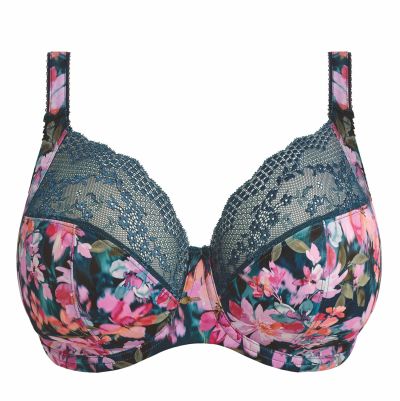 Elomi Lucie UW Stretch Plunge Bra Teal Floral Underwired, full cup plunge bra with stretch lace. 70-100, E-N EL4490-TOL