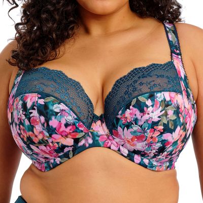 Elomi Lucie UW Stretch Plunge Bra Teal Floral Underwired, full cup plunge bra with stretch lace. 70-100, E-N EL4490-TOL