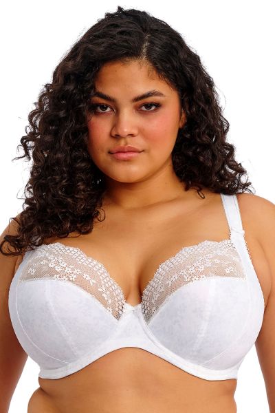 Elomi Lucie UW Stretch Plunge Bra White Underwired, full cup plunge bra with stretch lace. 70-100, E-O EL4490-WHE
