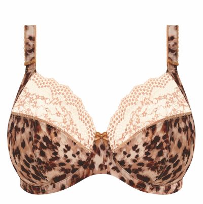 Elomi Lucie UW Stretch Plunge Bra - Wild Cat Underwired, full cup plunge bra with stretch lace. 70-100, E-O EL4490-WIT