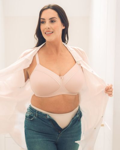 Royce Maisie Satin Trim T-shirt Bra Blush Wirefree, moulded full cup t-shirt bra with bilateral pockets. 65-90, D-G 1091-BLH