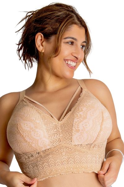 Parfait Lingerie Mia Lace Longline Bralette Bare Non-wired, bralette with removable cup padding. 65-95, D-H P5951-BAE