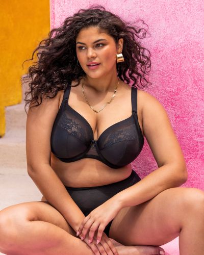 Elomi Nerina UW Stretch Plunge Bra Black Underwired, full cup plunge bra with flat stretch lace. 70-100, E-N EL302734-BLK