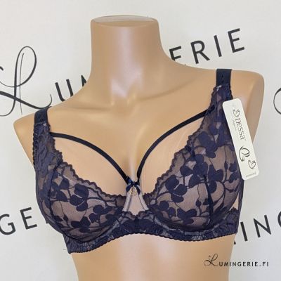Nessa Ana UW Soft Bra Navy & Beige Underwired non-padded balconnet with double layer mesh and stretch lace cups. 65-100, E-O ANA-550-NAY
