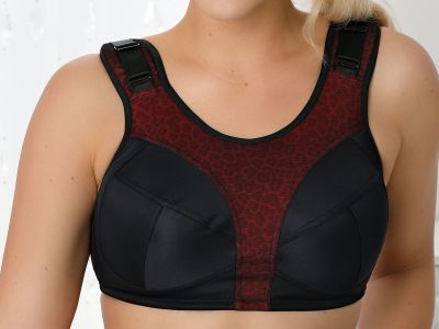 Nessa Nessa Soft Cup Comfort Sports Bra Red Leopard Nonwired, unpadded sports bra with padded straps. 60-100, D-P 070-519