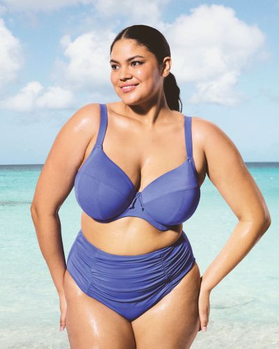 Elomi Plain Sailing Ruched Full Bikini Brief - Azure Blue High waist bikini briefs with ruching and tummy control. 38-52 ES7286-AZE