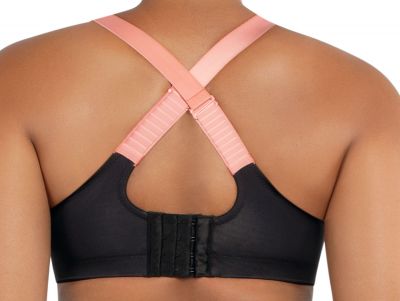 Parfait Lingerie Power Fit UW Sports Bra Black w Pink Blush Underwired, non-padded sports bra with convertible straps 70-100, D-H P6002-BLK