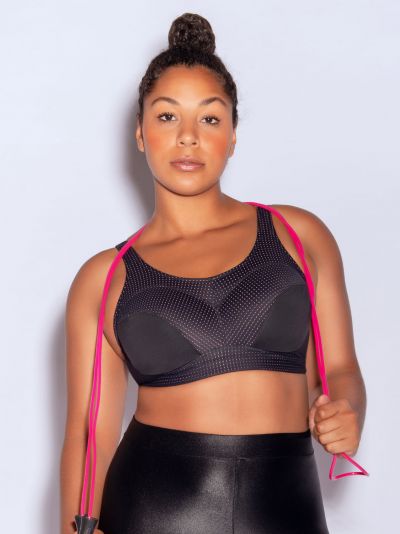 Parfait Lingerie Power Fit UW Sports Bra Black w Pink Blush Underwired, non-padded sports bra with convertible straps 70-100, D-H P6002-BLK