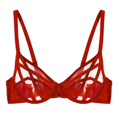 Playful Promises Ramona UW Strap & Mesh Bra Ruby Red Satin Underwired, non-padded mesh bra with strap detailing. 65-100, D-K PP-3220-RR