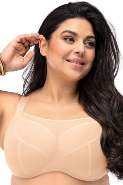 Nessa Salma UW Soft Crop Top Bra - Beige Underwired, unpadded soft cup balconnet with mesh crop top layer. 65-110, D-P SAL-555-BEZ