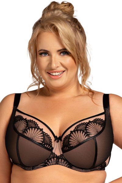 Nessa Selena Nouveau Soft UW Bra Black & Beige Underwired, unpadded soft cup balconnet with mesh and lace cups. 65-110, D-P SEN-500-B&B