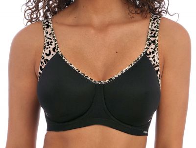 Freya Active Sonic UW Moulded Sports Bra Pure Black Leopard Underwired spacer foam padded sports bra with convertible straps 65-90, D-K AC4892-PUK