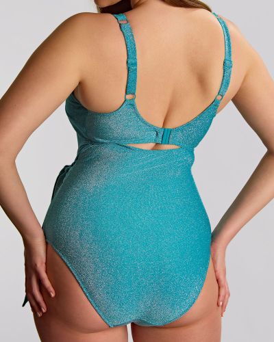 Panache Swimwear Sparkle UW Balcony Swimsuit - Teal Underwired balcony swimsuit with an oversized bow at waist. 70-85, F-M SW2050A-TEL