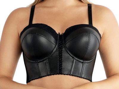 Parfait Lingerie Stevie Longline Strapless Bustier Bra Black Faux Leather Underwired, fully boned longline strapless bustier bra. M-2XL, S+-3XL+ (D-L cups) P50120-BFL