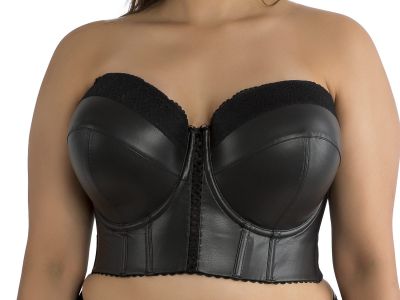 Parfait Lingerie Stevie Longline Strapless Bustier Bra Black Faux Leather Underwired, fully boned longline strapless bustier bra. M-2XL, S+-3XL+ (D-L cups) P50120-BFL