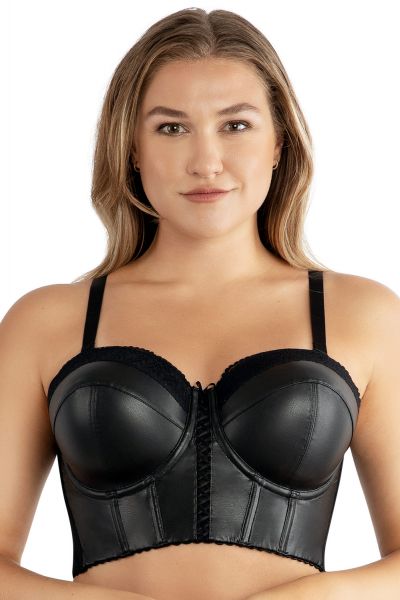 Parfait Lingerie Stevie Longline Strapless Bustier Bra Black Faux Leather Underwired, fully boned longline strapless bustier bra. M-2XL, S+-3XL+ (D-L cups) P50120-BFL