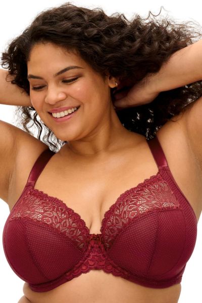 Elomi Tiernie UW Stretch Plunge Bra - Tibetan Red Underwired, full cup plunge bra with stretch lace top cup. 70-100, E-O EL303334-TIB