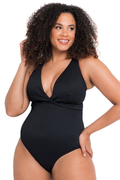 Curvy Kate Twist & Shout Non Wired Plunge Swimsuit Black Non-wired, dual sized swimsuit 65-90 E/F - M/N CS-024-606-BLK